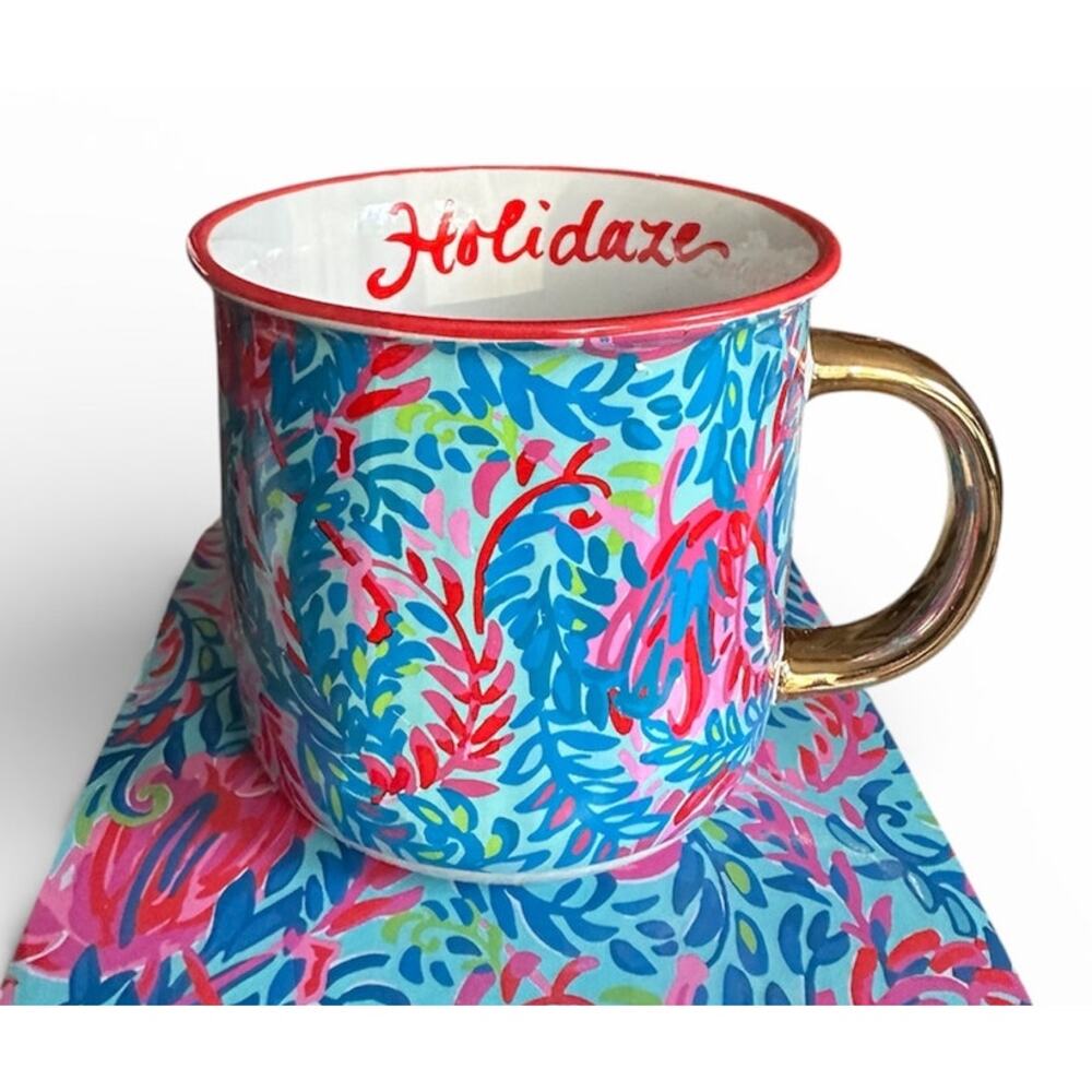 Lilly Pulitzer Holiday Print Ceramic‎ Mug w/ Gold Handle • Boxed New